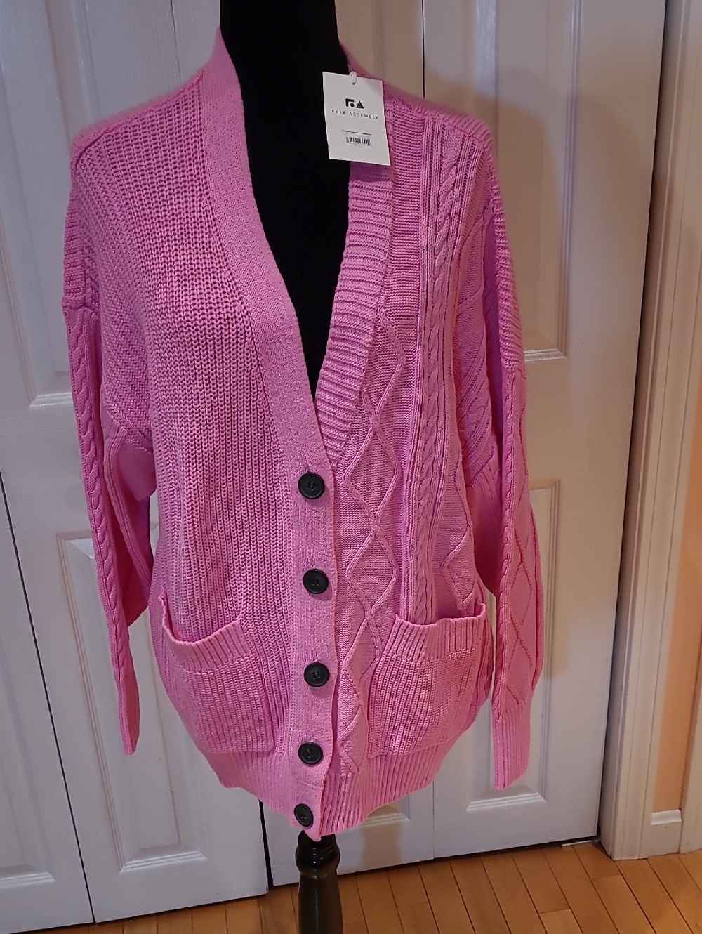 Relaxed Pink Cable-Knit Button Cardigan with Front Pockets